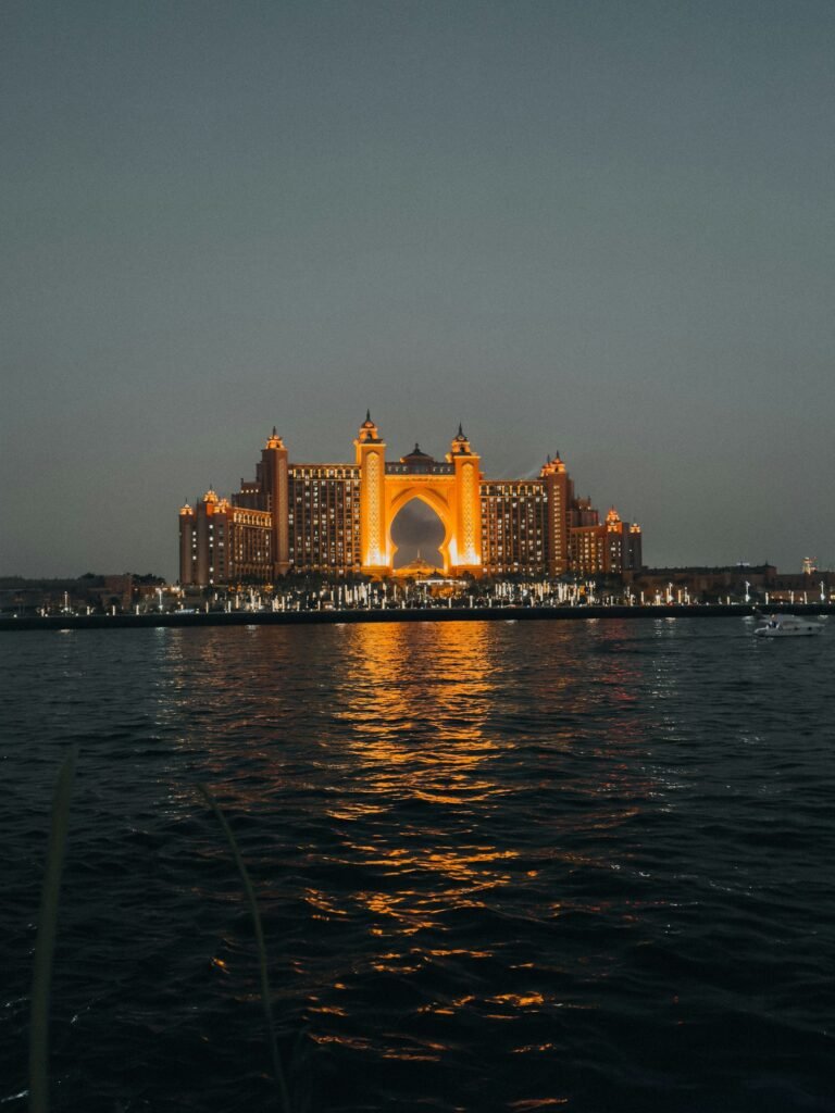 Atlantis, The Palm in Dubai illuminated at dusk